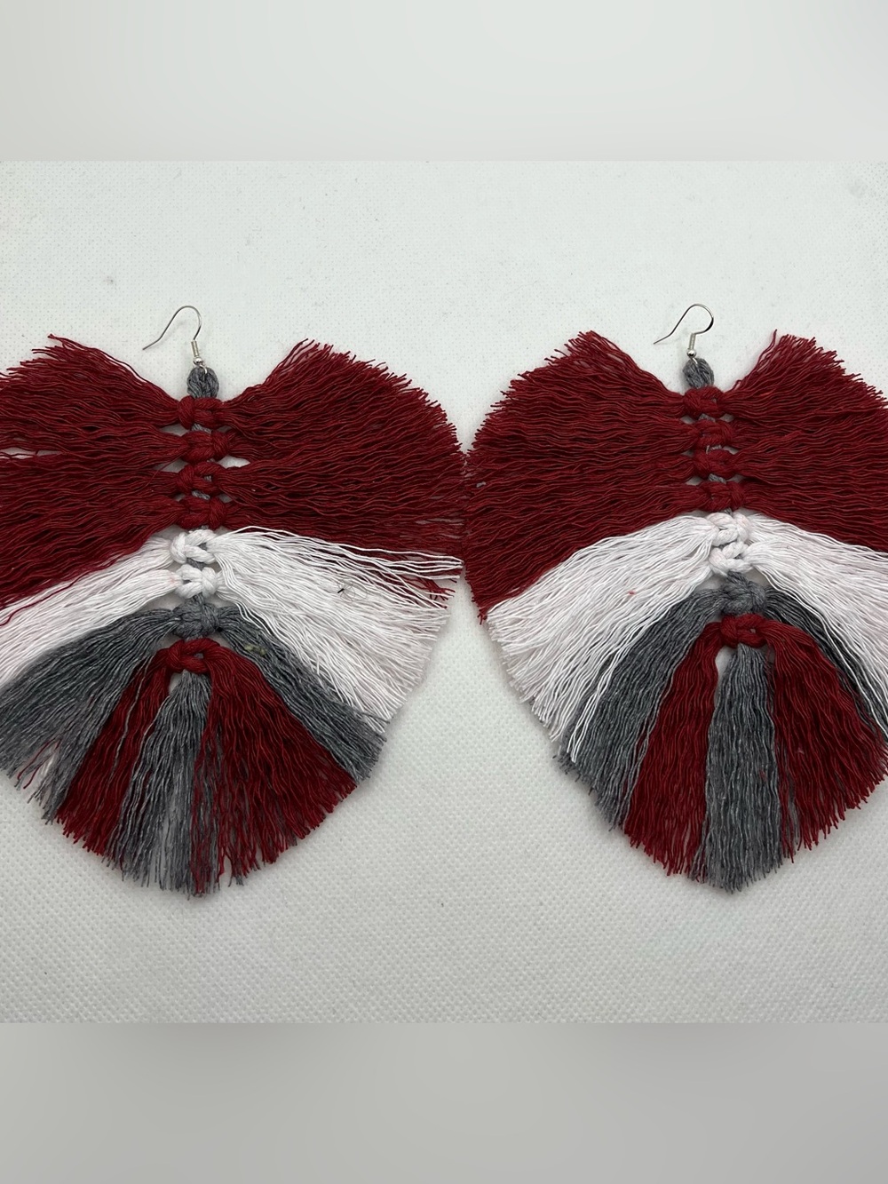 Handmade Crimson, White & Gray Fringe Statement Earrings